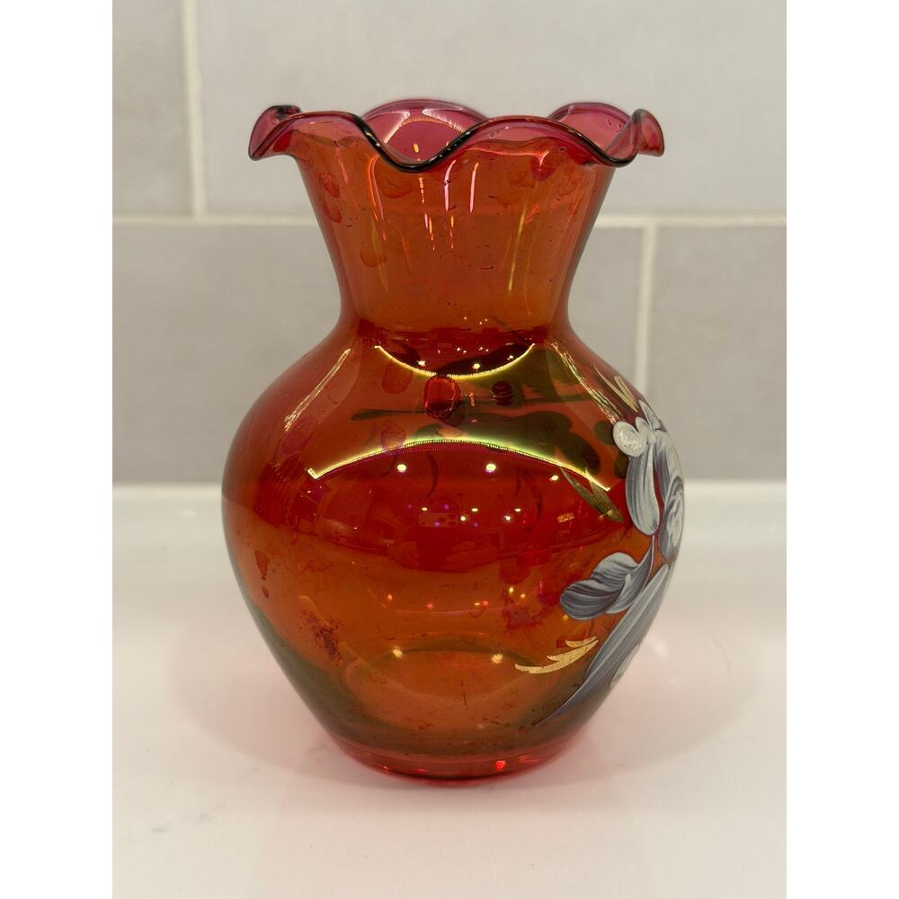 VTG Iridescent Cranberry Hand Painted Ruffled Rim Bud Vase - Picture 4 of 6